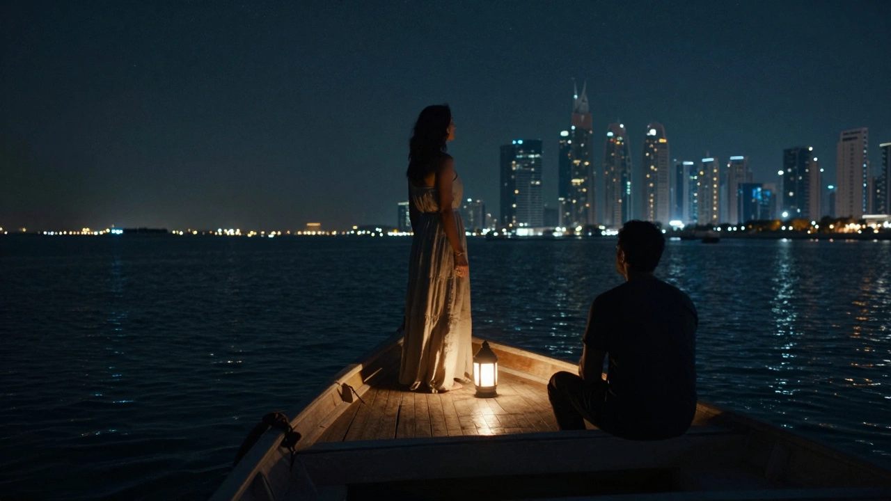 A private dhow cruise at night with a woman standing at the bow under starlit skies, city lights shimmering in the distance.