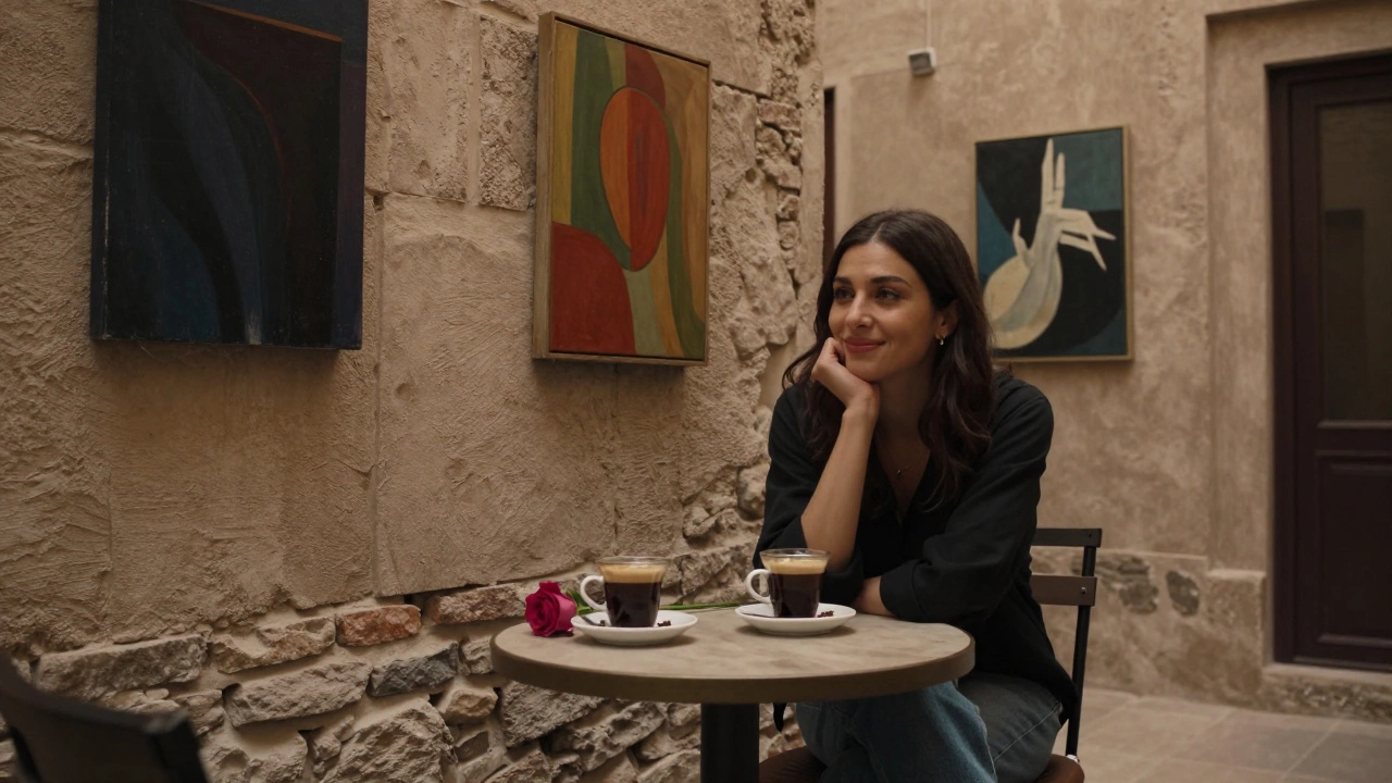 A quiet art courtyard in Dubai with two cups of coffee and a rose on a table, a woman listening thoughtfully in soft lighting.