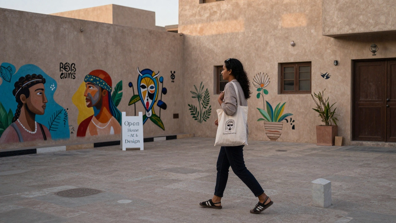 A woman walks through a quiet Dubai courtyard at dawn, carrying a bag from her own design studio.