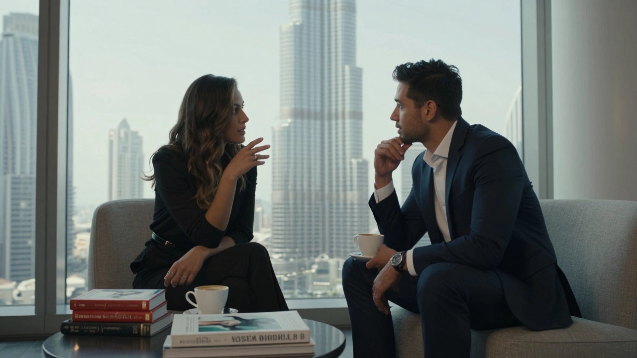 Two individuals converse intently in a modern Dubai lounge, sharing a quiet moment of intellectual connection.